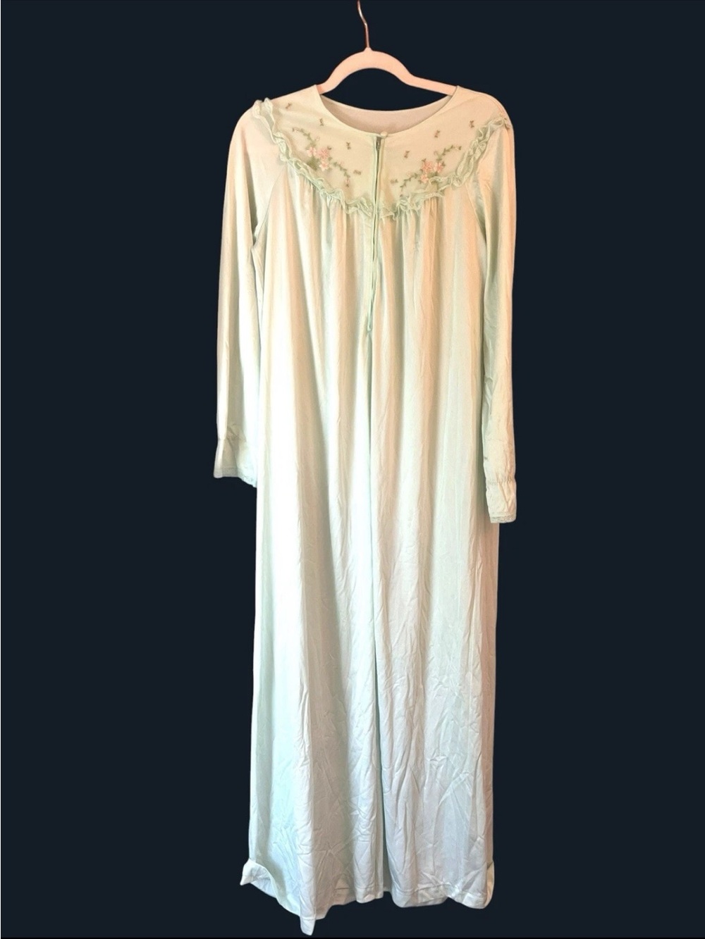 Vintage Nightgown Mint Green Nylon Long Sleeve Large rose buds